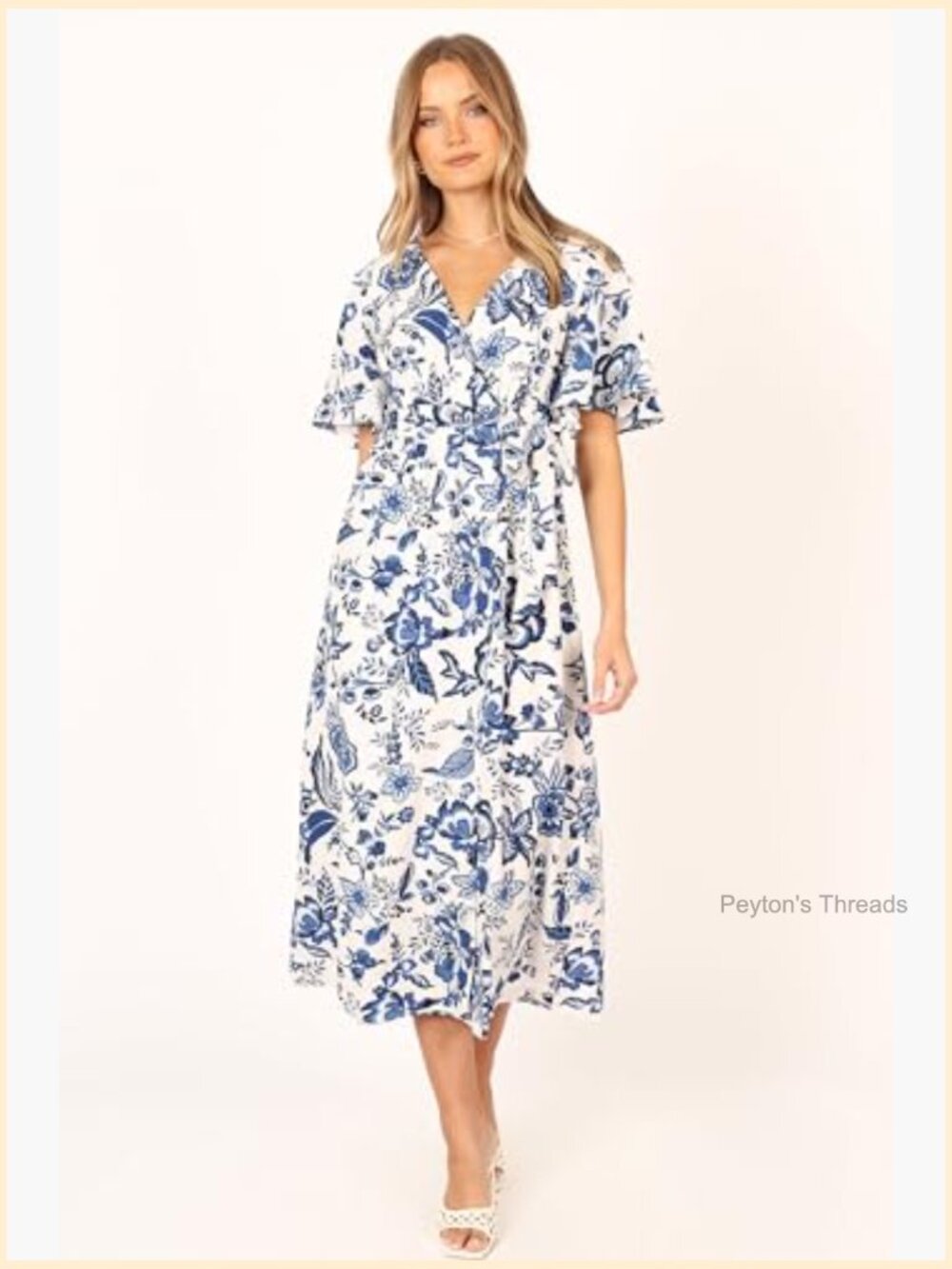Women's Floral Midi Wrap Dress with Attached Tie Waist - Picture 4 of 7